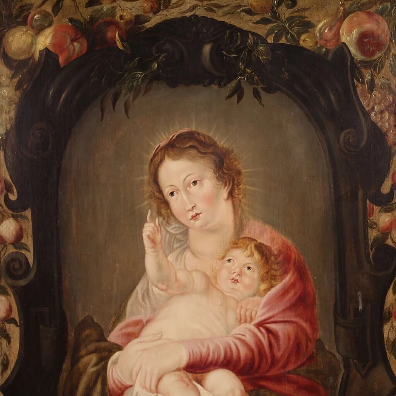 Madonna col bambino, olio su tavola fiamminga, prima metà '600 4