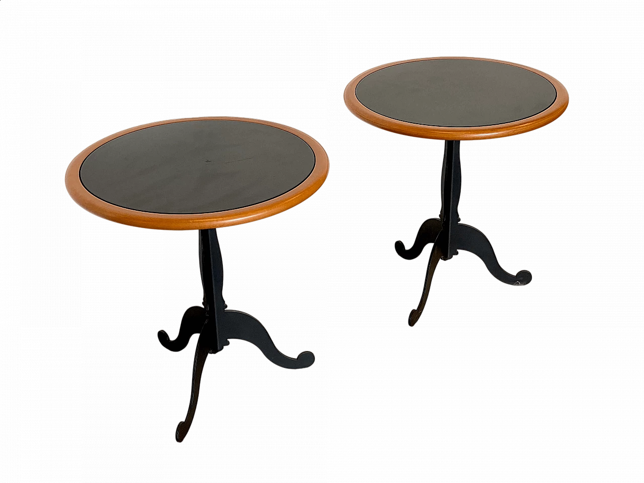 Pair of iron, lacquered wood and teak coffee tables, 1980s 13