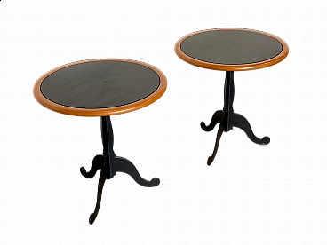 Pair of iron, lacquered wood and teak coffee tables, 1980s