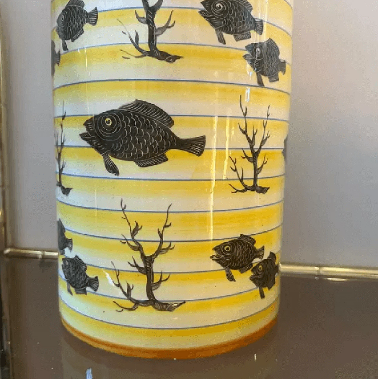 Cylindrical vase in yellow and black ceramic, 1930s 6
