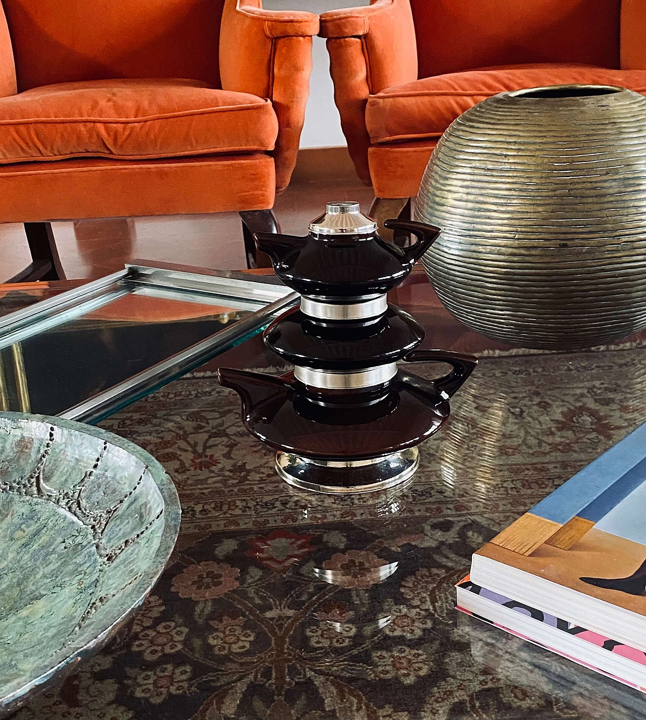 Servizio da tè impilabile in porcellana e metallo di SC3, anni '70 4