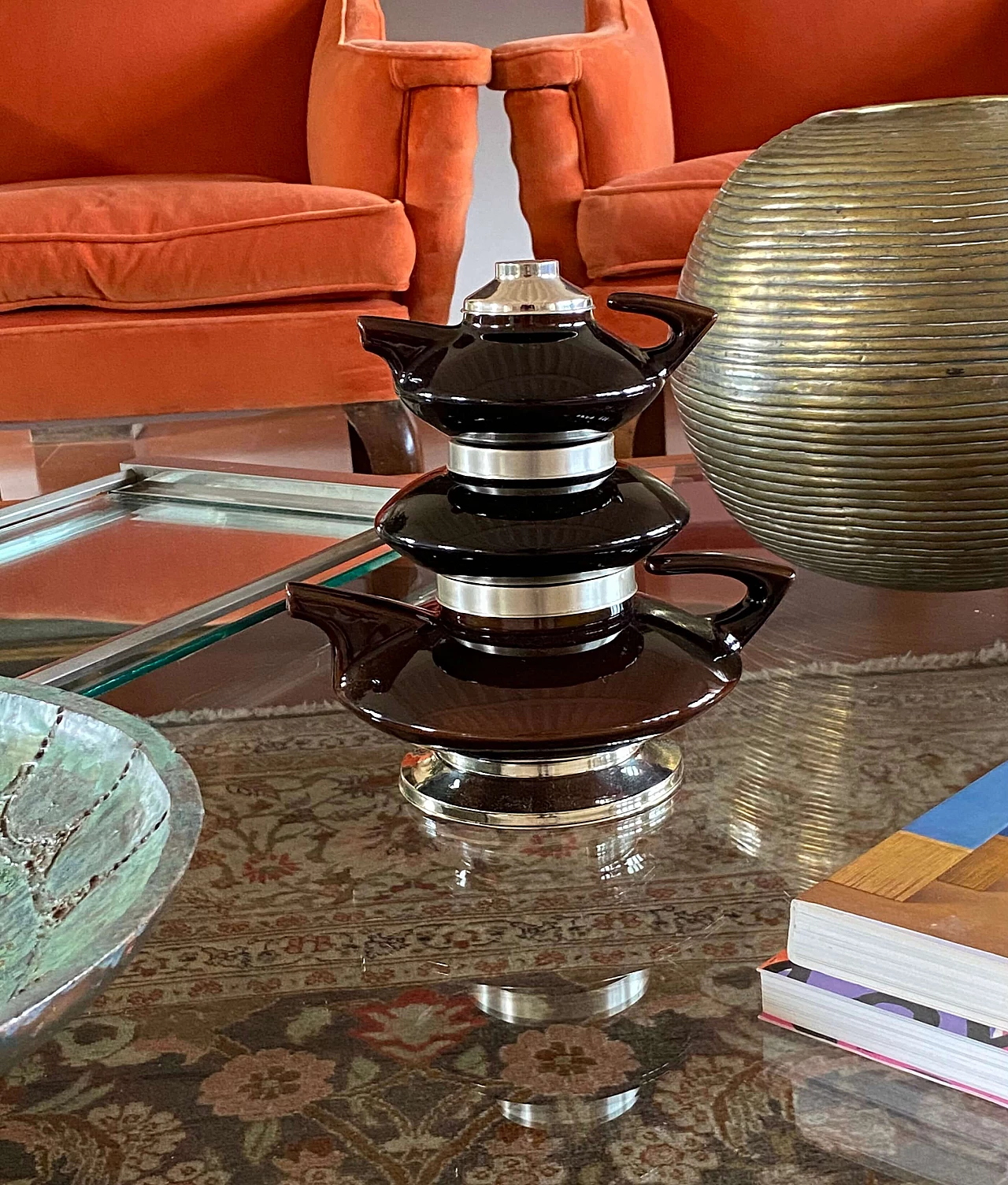 Servizio da tè impilabile in porcellana e metallo di SC3, anni '70 5