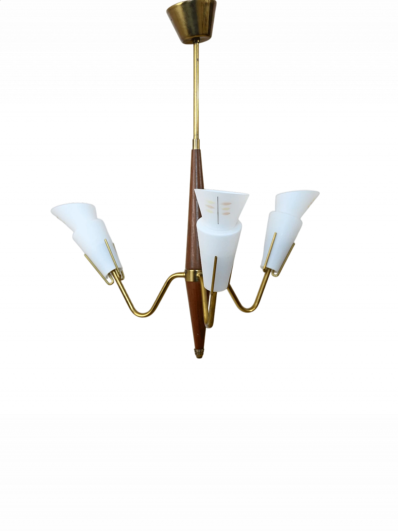 Lampadario in teak a tre luci con bracci in ottone e paralumi in vetro opalino, anni '60 8