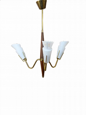 Lampadario in teak a tre luci con bracci in ottone e paralumi in vetro opalino, anni '60