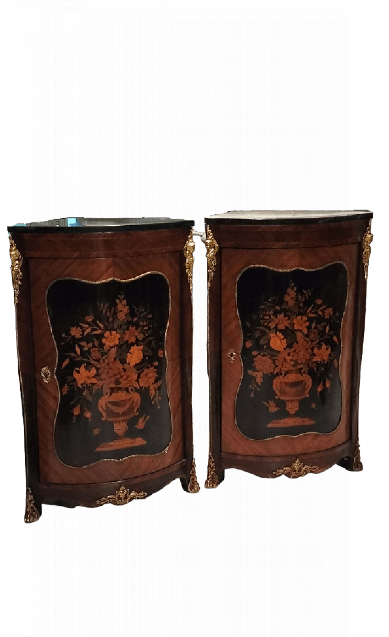 Coppia di angoliere Napoleone III in legno di rosa, ebano e marmo, '800 10