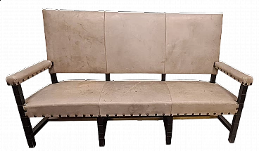 Three-seater black lacquered wood, gray leather and brass sofa, 1980s