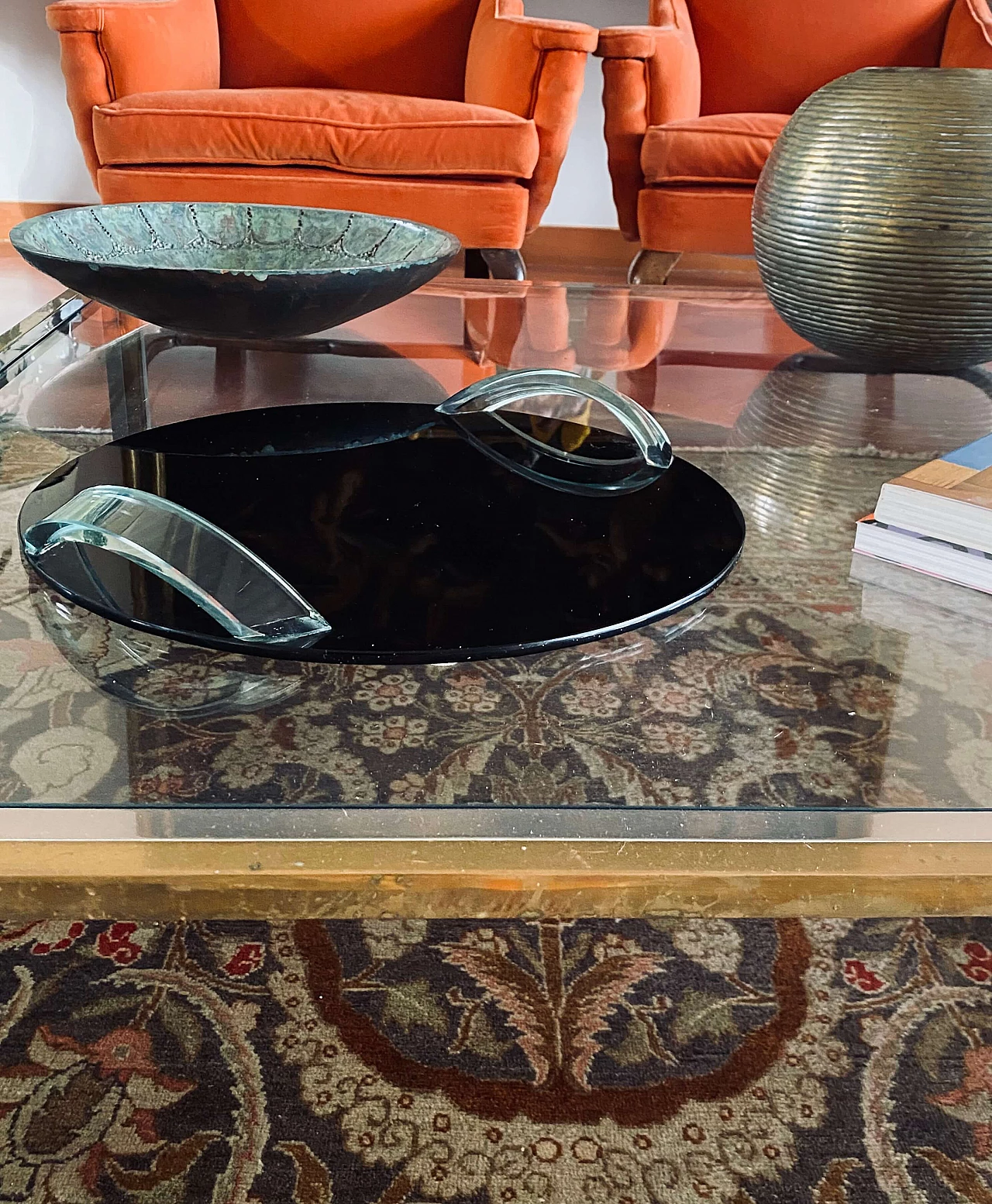 Black glass tray with transparent handles, 1970s 6