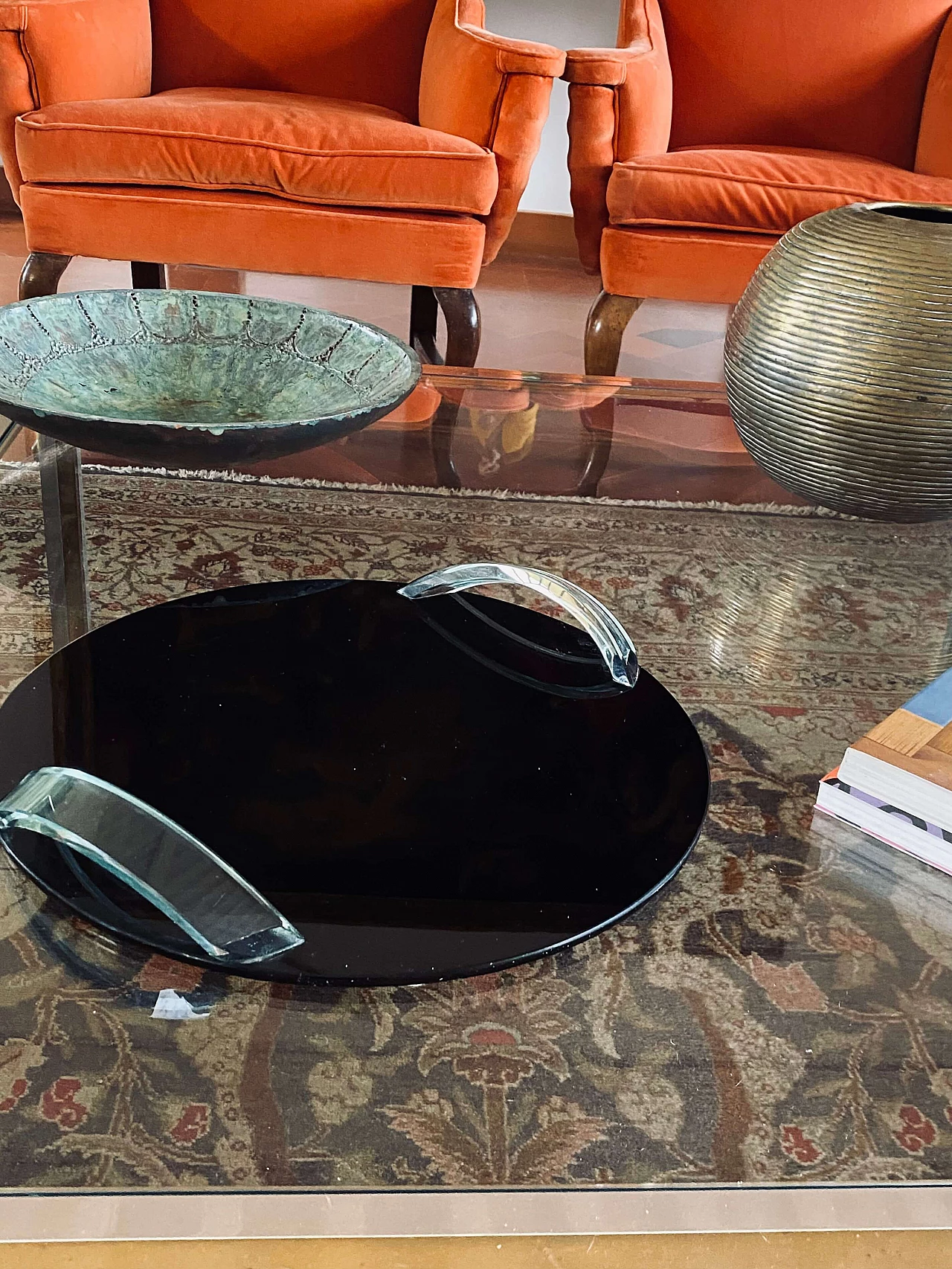 Black glass tray with transparent handles, 1970s 7