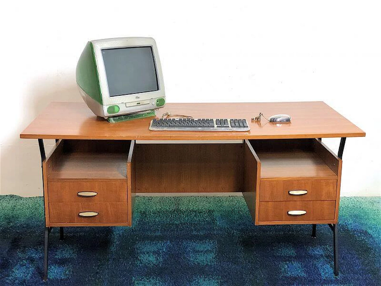 Wooden executive desk with teak veneer and black metal frame, 1960s 1