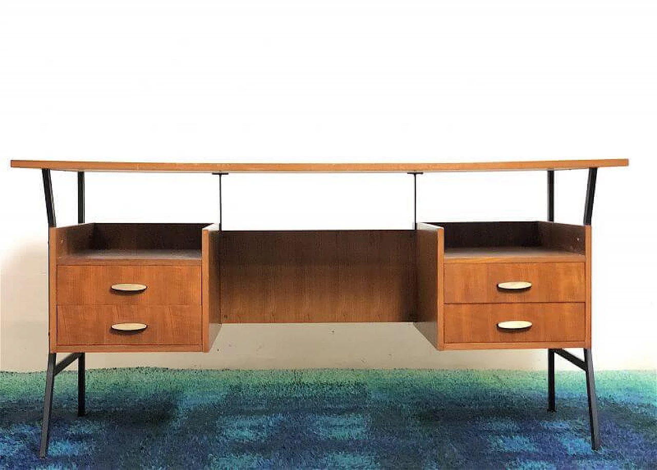 Wooden executive desk with teak veneer and black metal frame, 1960s 3