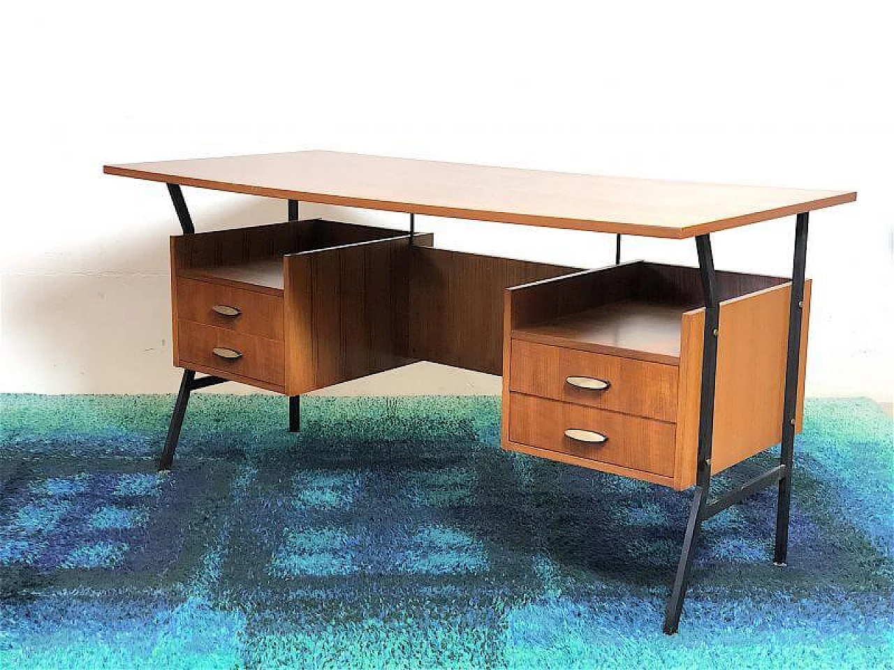 Wooden executive desk with teak veneer and black metal frame, 1960s 4