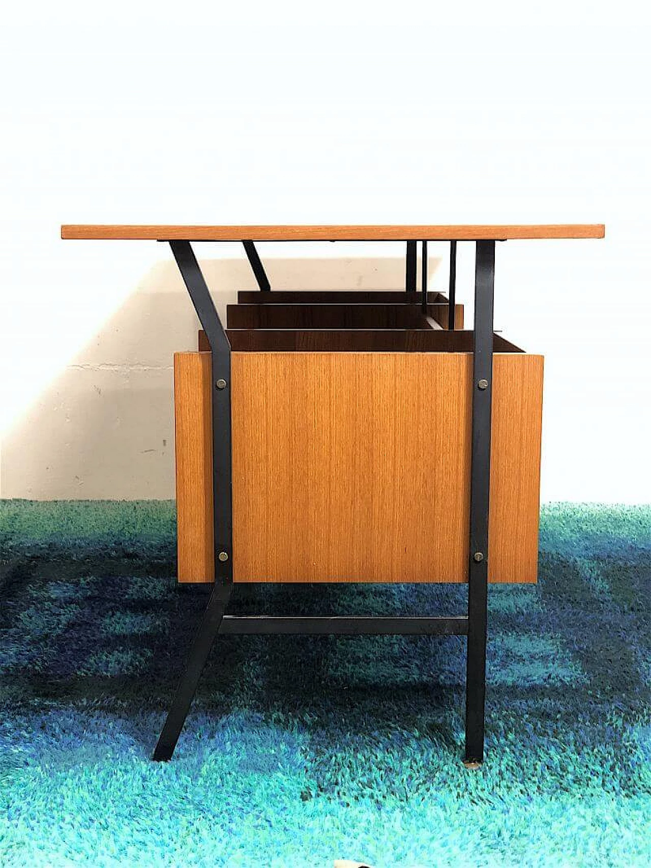 Wooden executive desk with teak veneer and black metal frame, 1960s 5