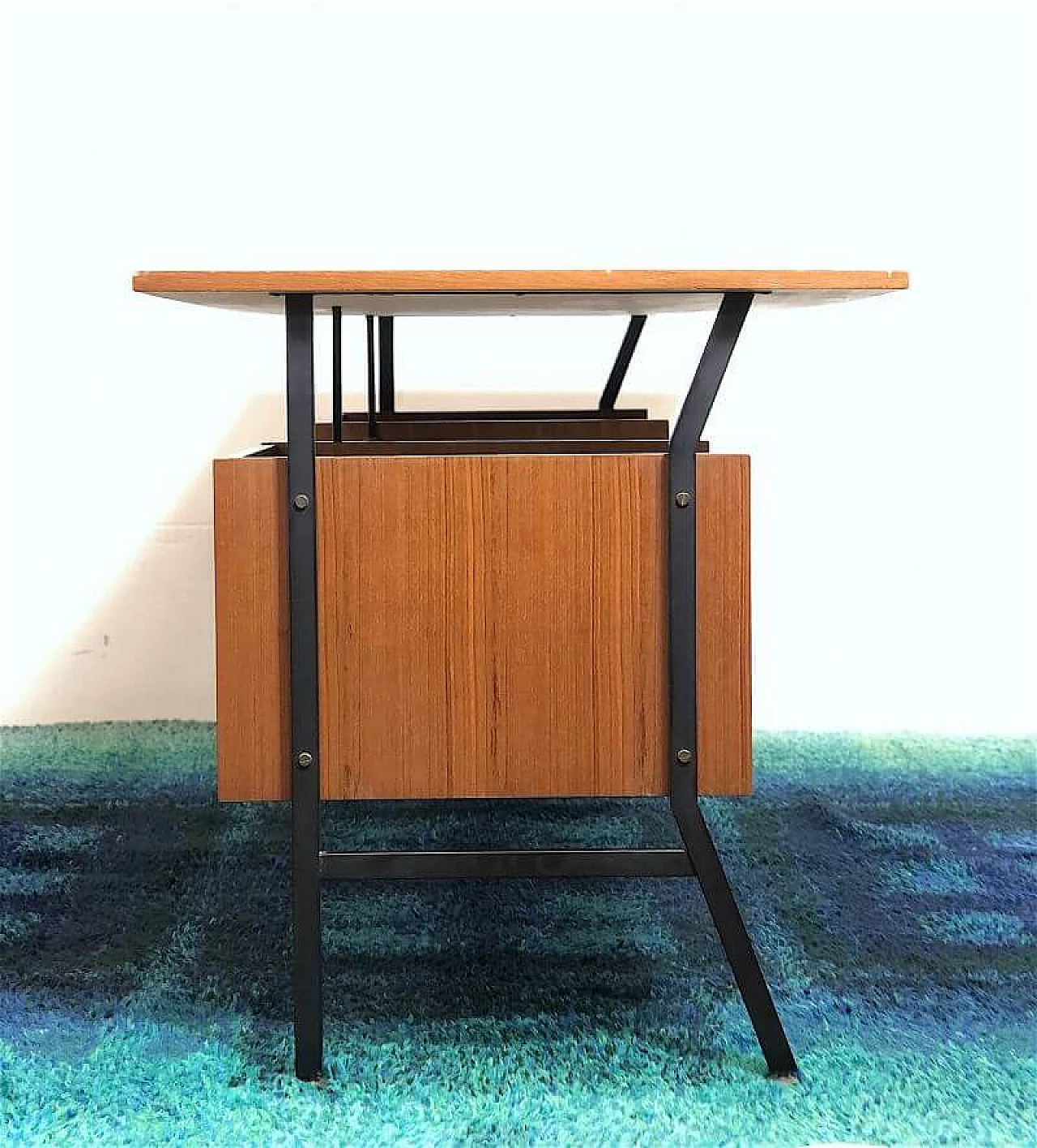 Wooden executive desk with teak veneer and black metal frame, 1960s 7