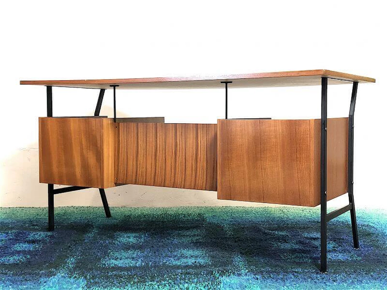 Wooden executive desk with teak veneer and black metal frame, 1960s 8