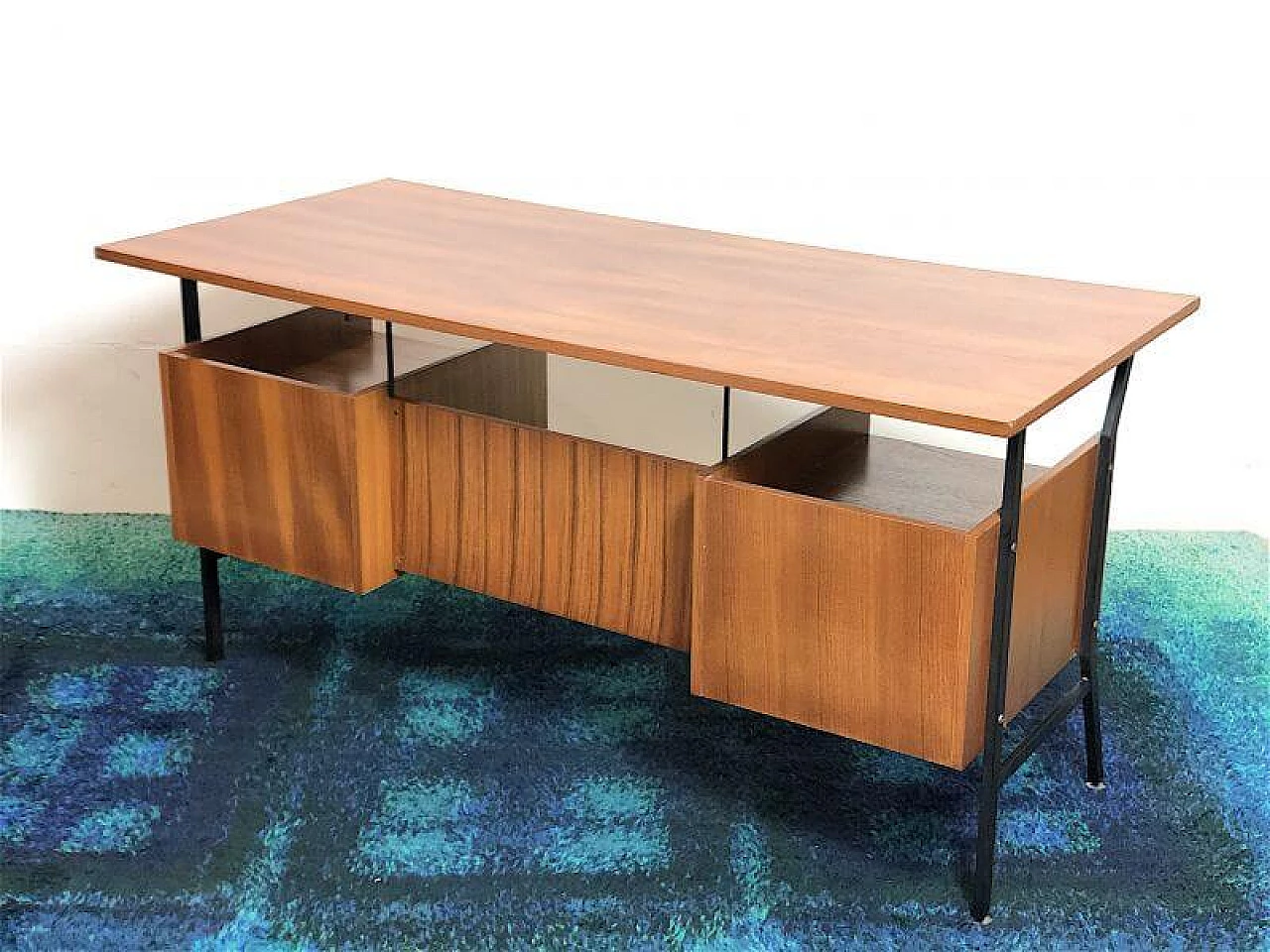 Wooden executive desk with teak veneer and black metal frame, 1960s 9