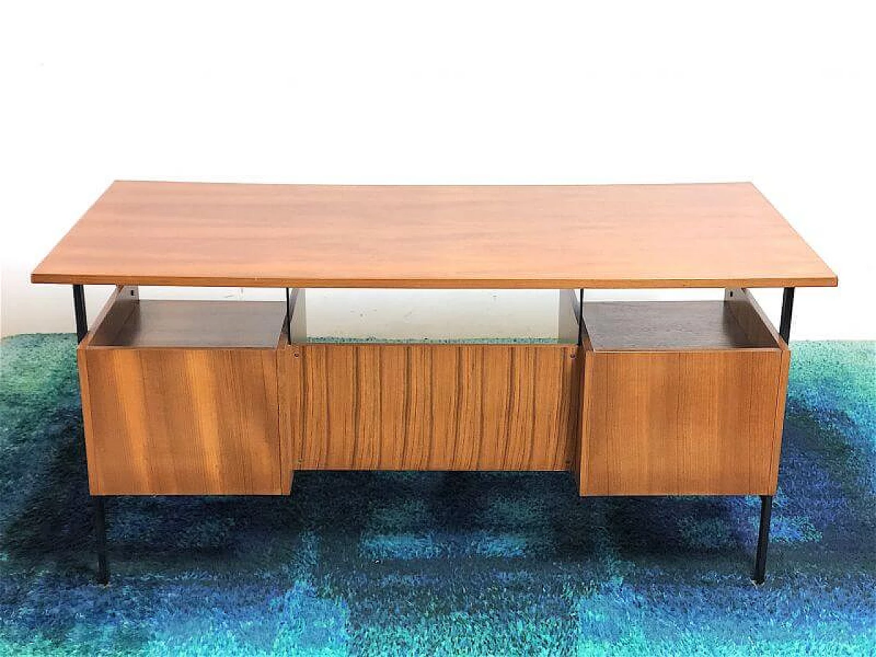 Wooden executive desk with teak veneer and black metal frame, 1960s 10