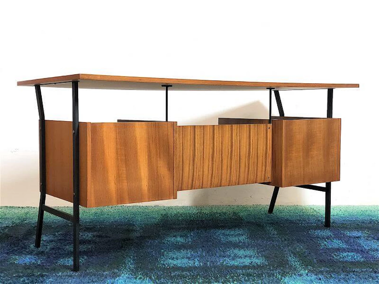 Wooden executive desk with teak veneer and black metal frame, 1960s 11