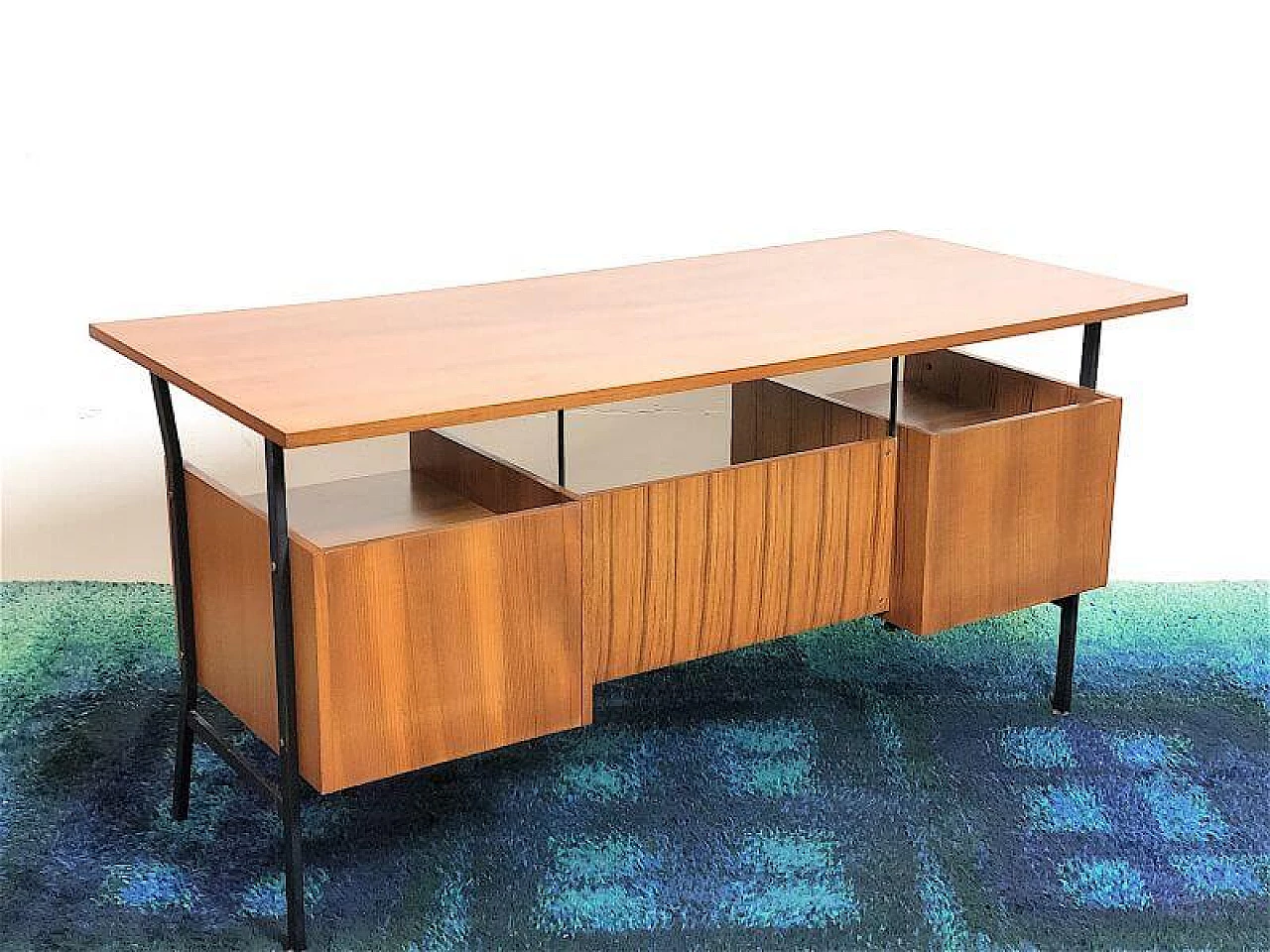Wooden executive desk with teak veneer and black metal frame, 1960s 12