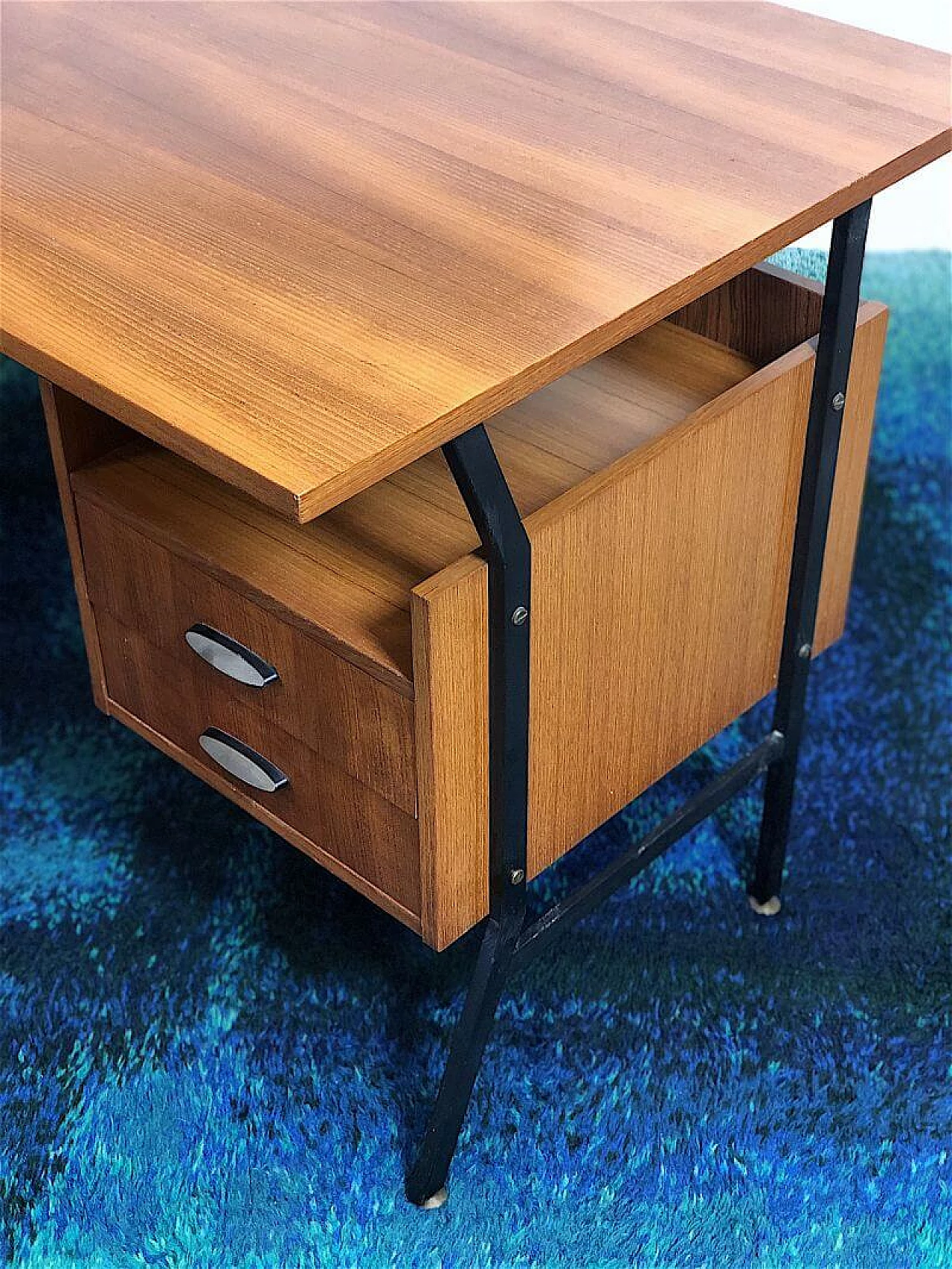 Wooden executive desk with teak veneer and black metal frame, 1960s 15