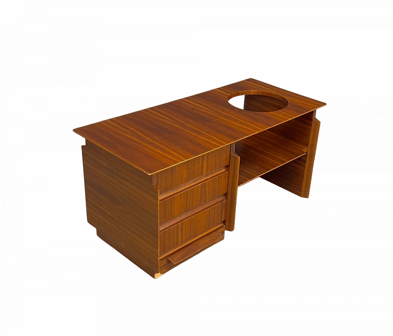 Tavolino in legno con tre cassetti e piano con apertura circolare, anni '60 6