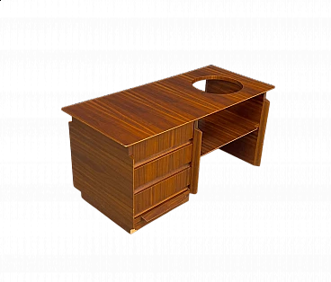 Tavolino in legno con tre cassetti e piano con apertura circolare, anni '60