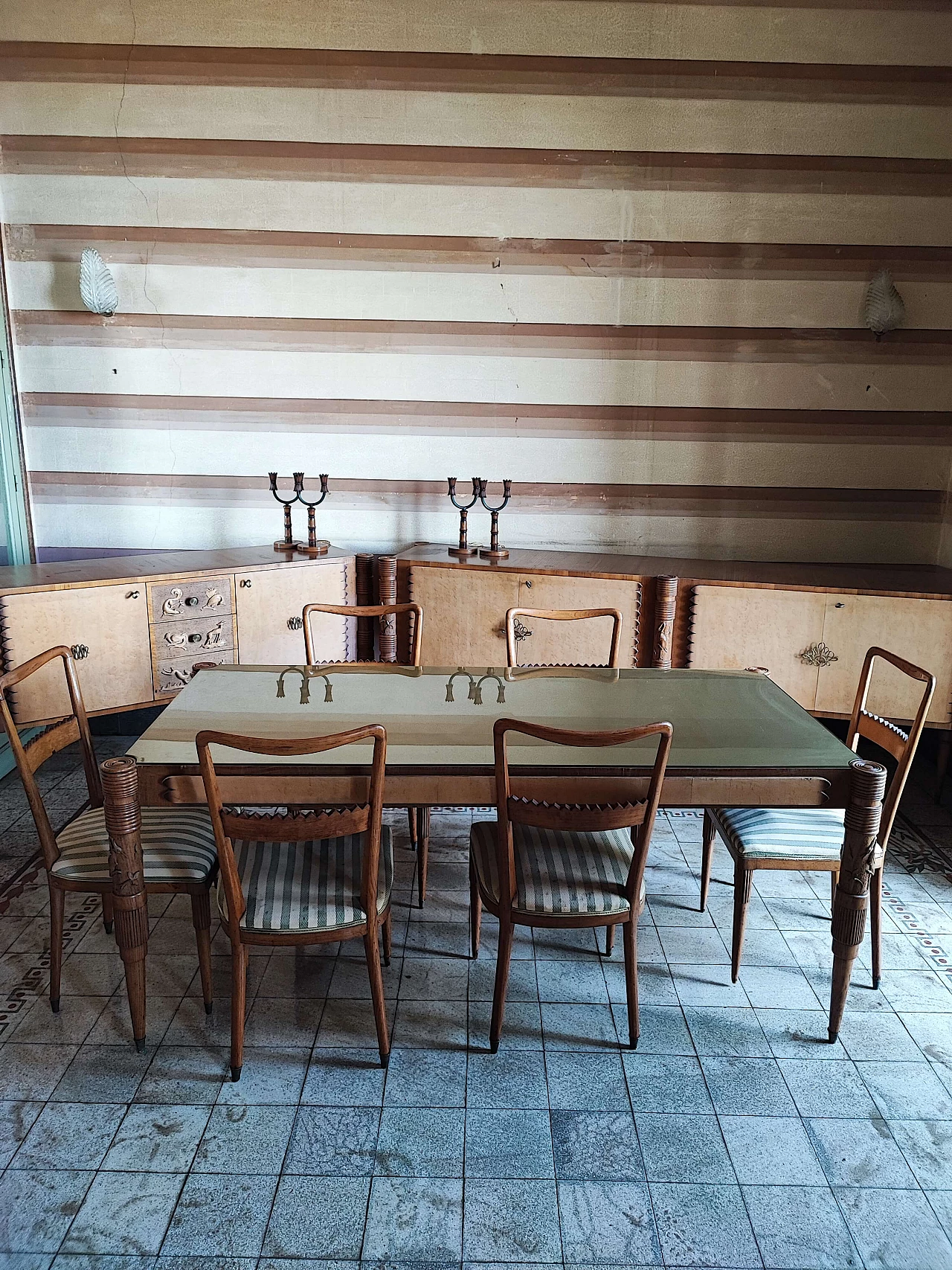 Wood and glass table by Pier Luigi Colli with chairs, 1950s 1