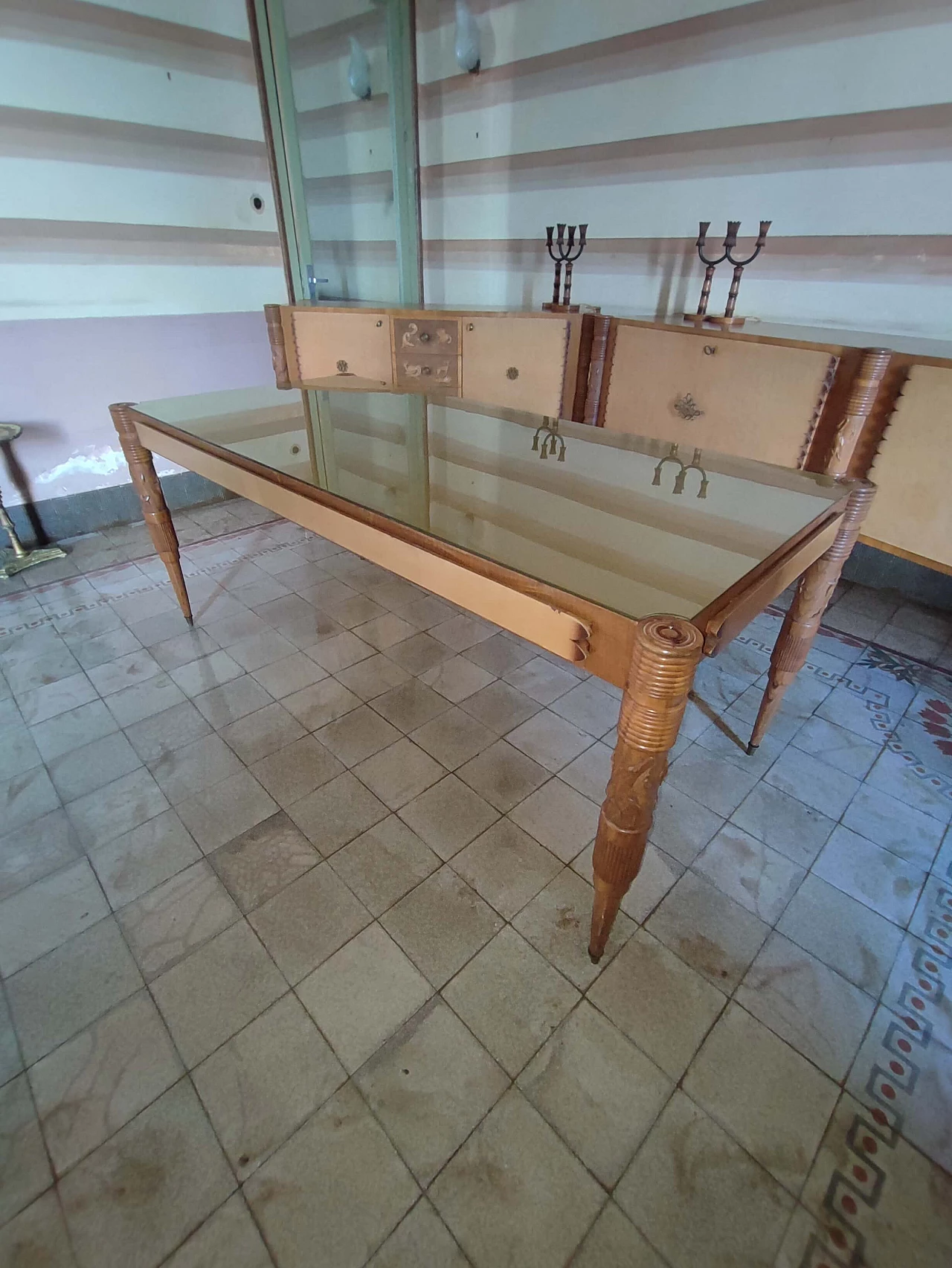 Tavolo in legno e vetro di Pier Luigi Colli con sedie, anni '50 2