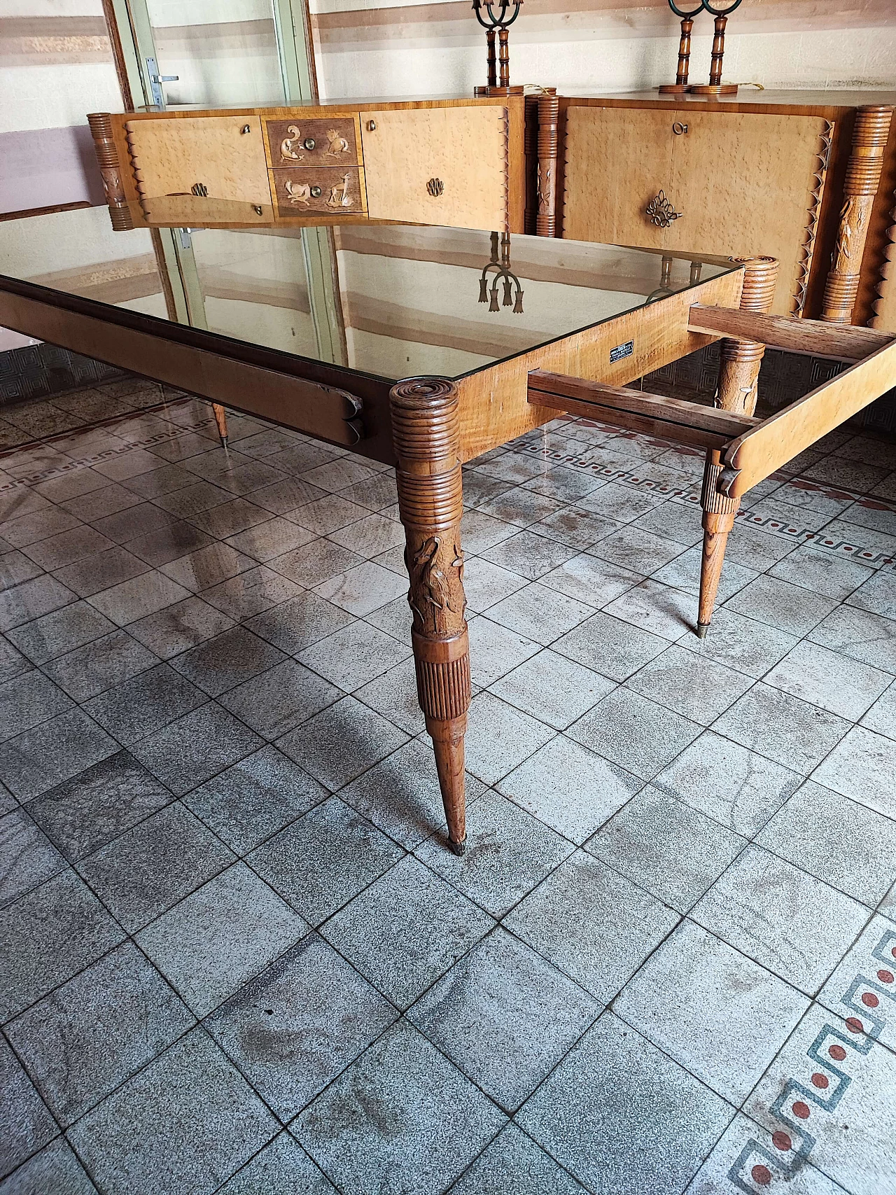 Tavolo in legno e vetro di Pier Luigi Colli con sedie, anni '50 9