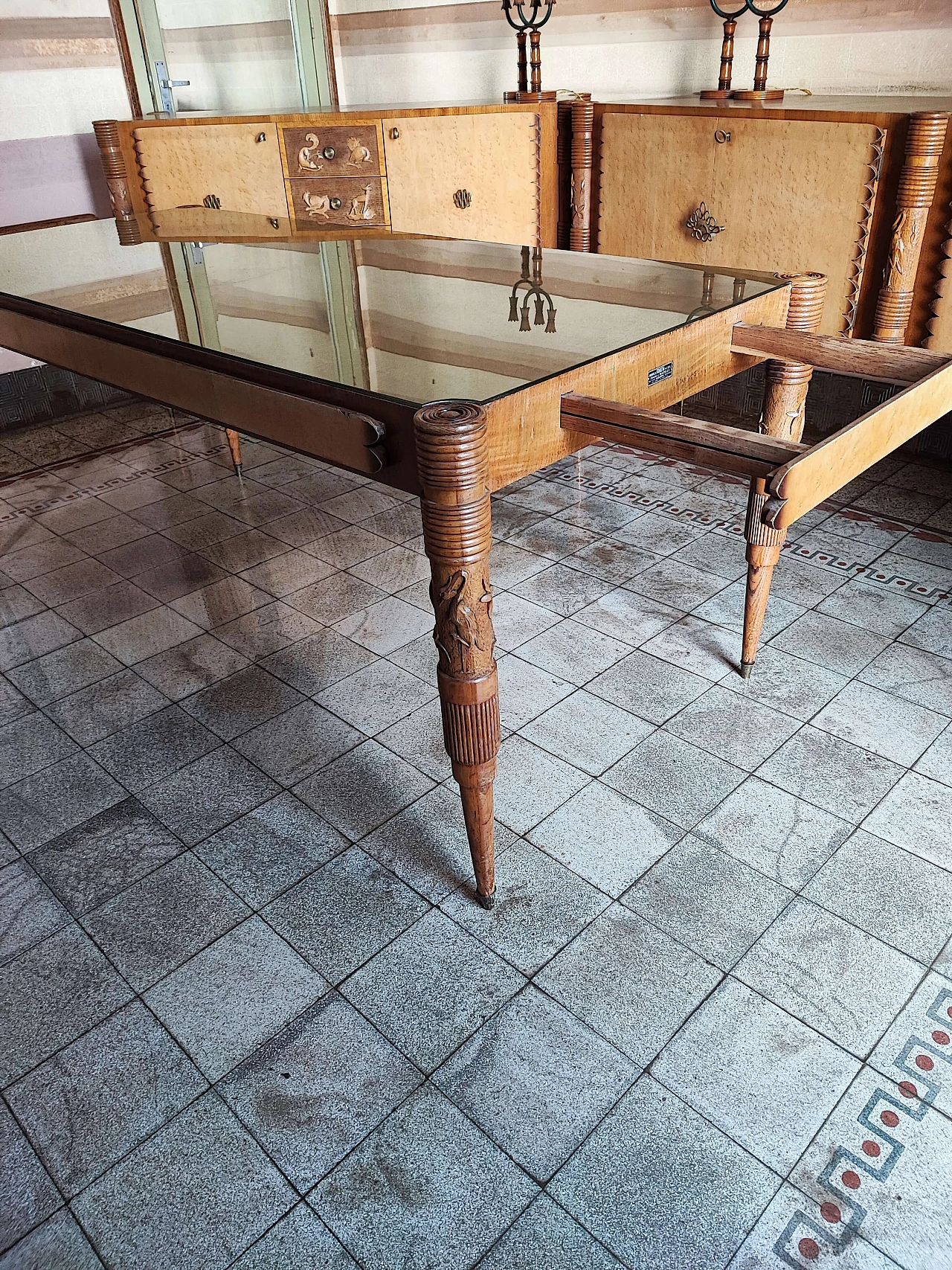 Wood and glass table by Pier Luigi Colli with chairs, 1950s 9