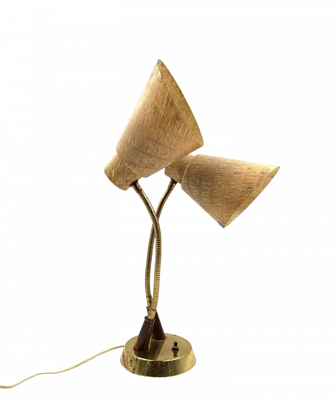 Lampada da tavolo a due luci in ottone, legno e fibra di vetro, anni '60 1