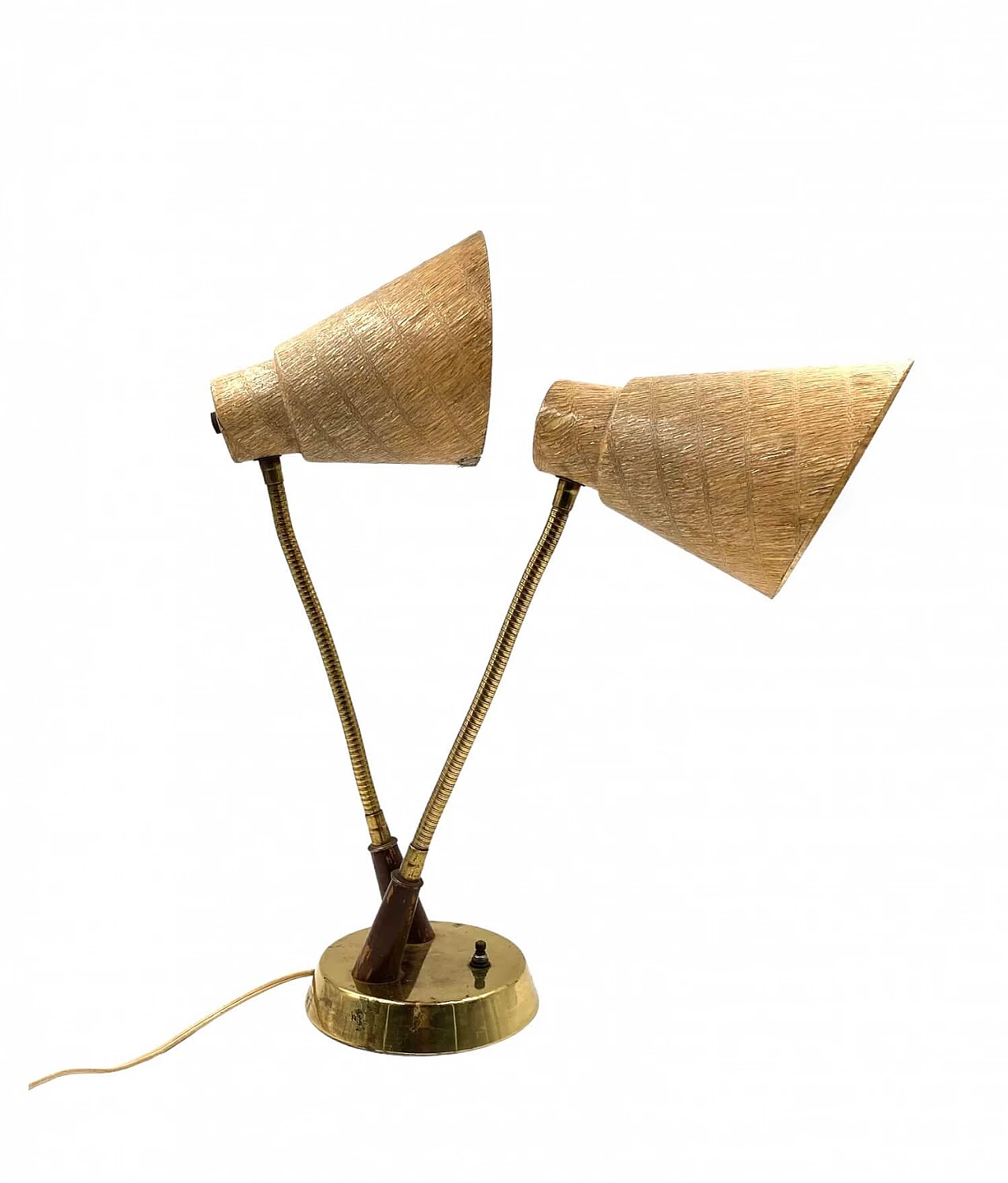Lampada da tavolo a due luci in ottone, legno e fibra di vetro, anni '60 3