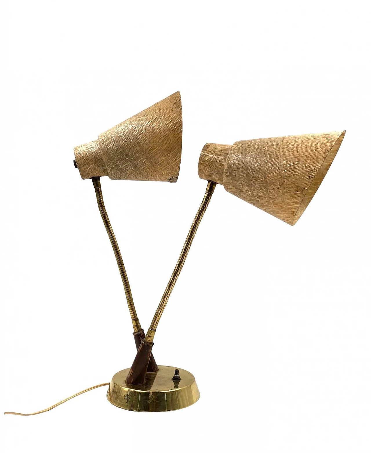 Lampada da tavolo a due luci in ottone, legno e fibra di vetro, anni '60 4