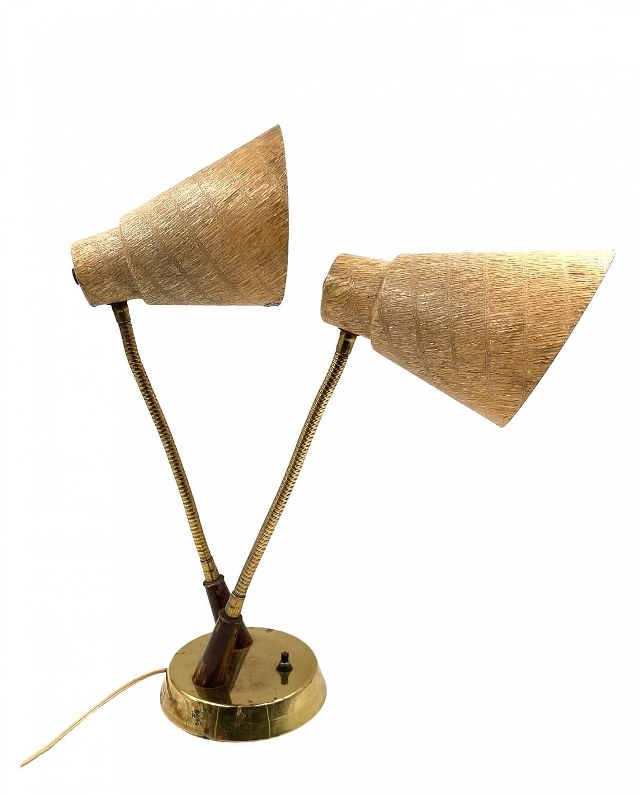 Lampada da tavolo a due luci in ottone, legno e fibra di vetro, anni '60 5