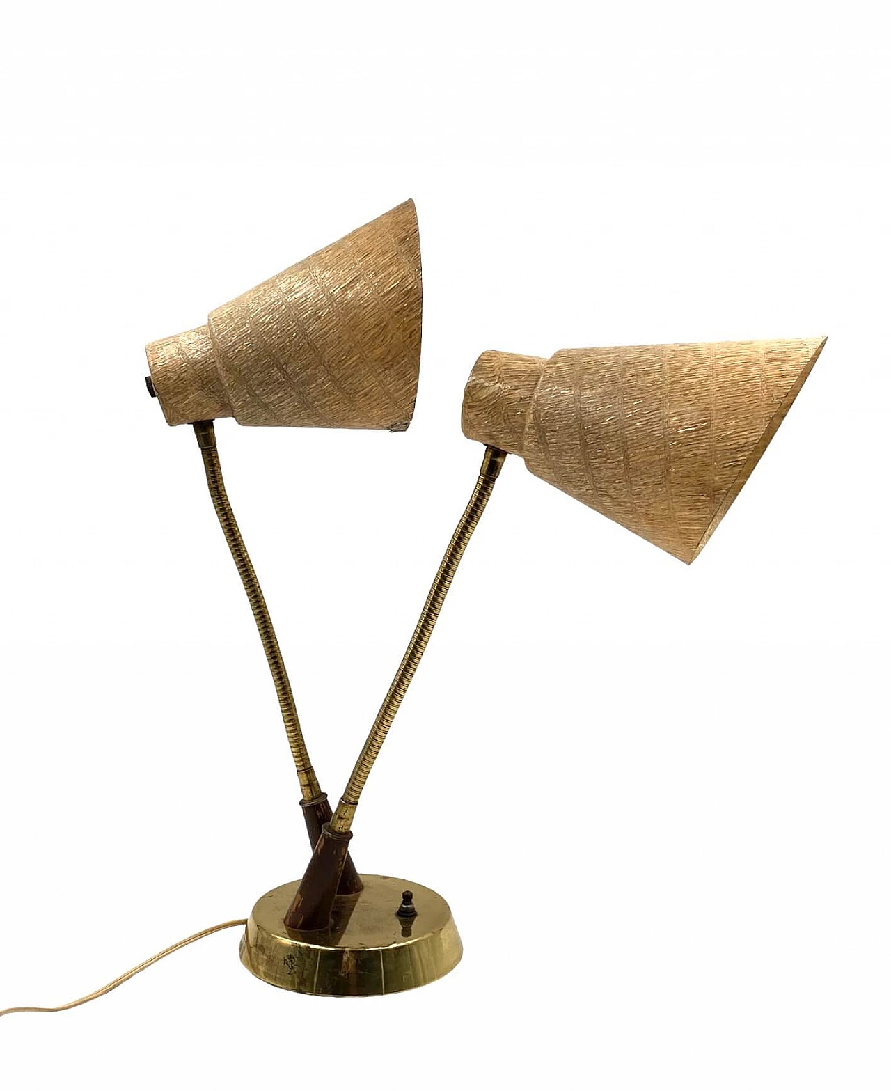 Lampada da tavolo a due luci in ottone, legno e fibra di vetro, anni '60 9