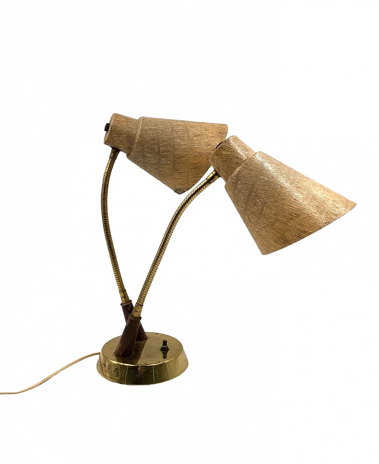Lampada da tavolo a due luci in ottone, legno e fibra di vetro, anni '60 10