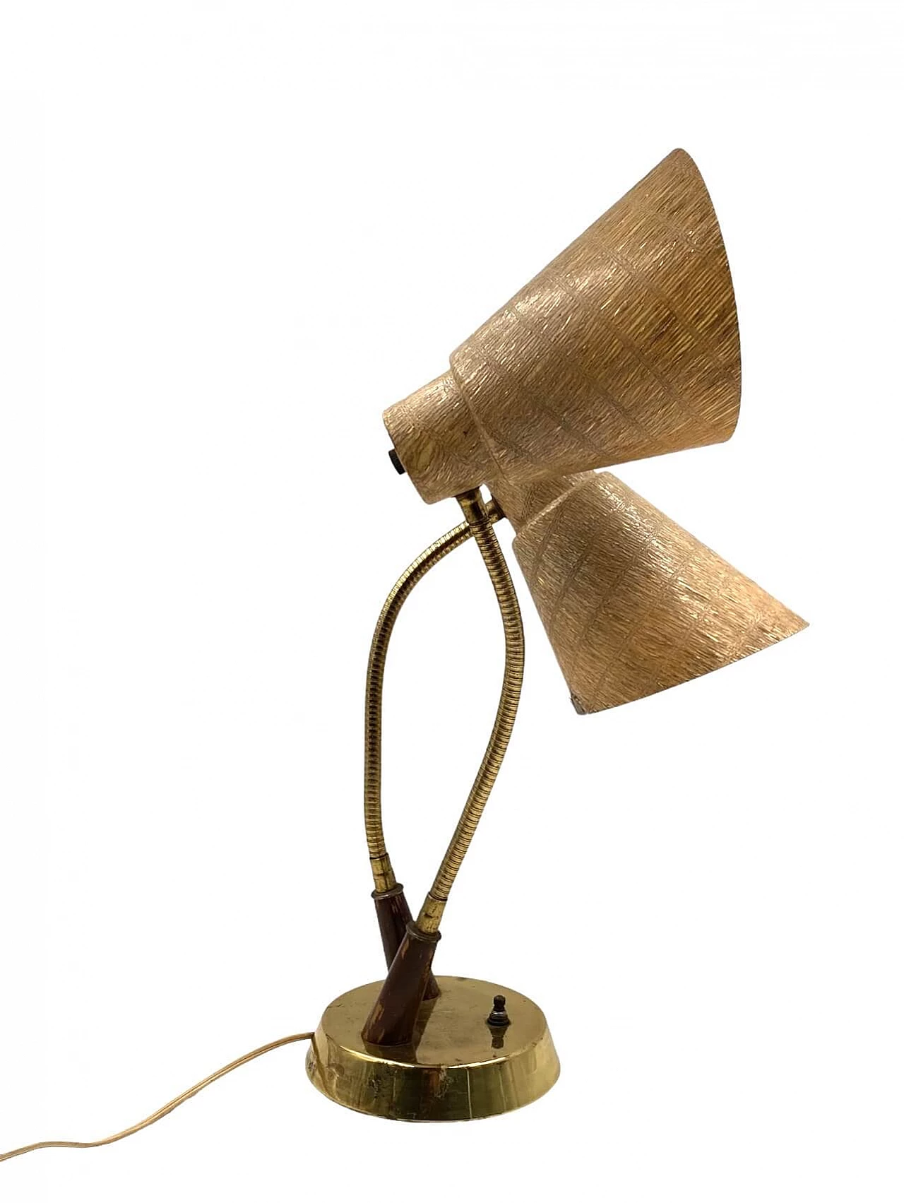 Lampada da tavolo a due luci in ottone, legno e fibra di vetro, anni '60 11