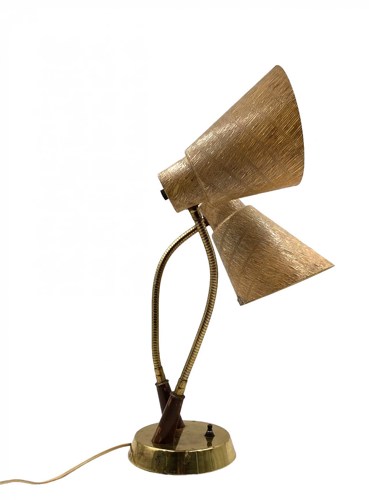 Lampada da tavolo a due luci in ottone, legno e fibra di vetro, anni '60 12
