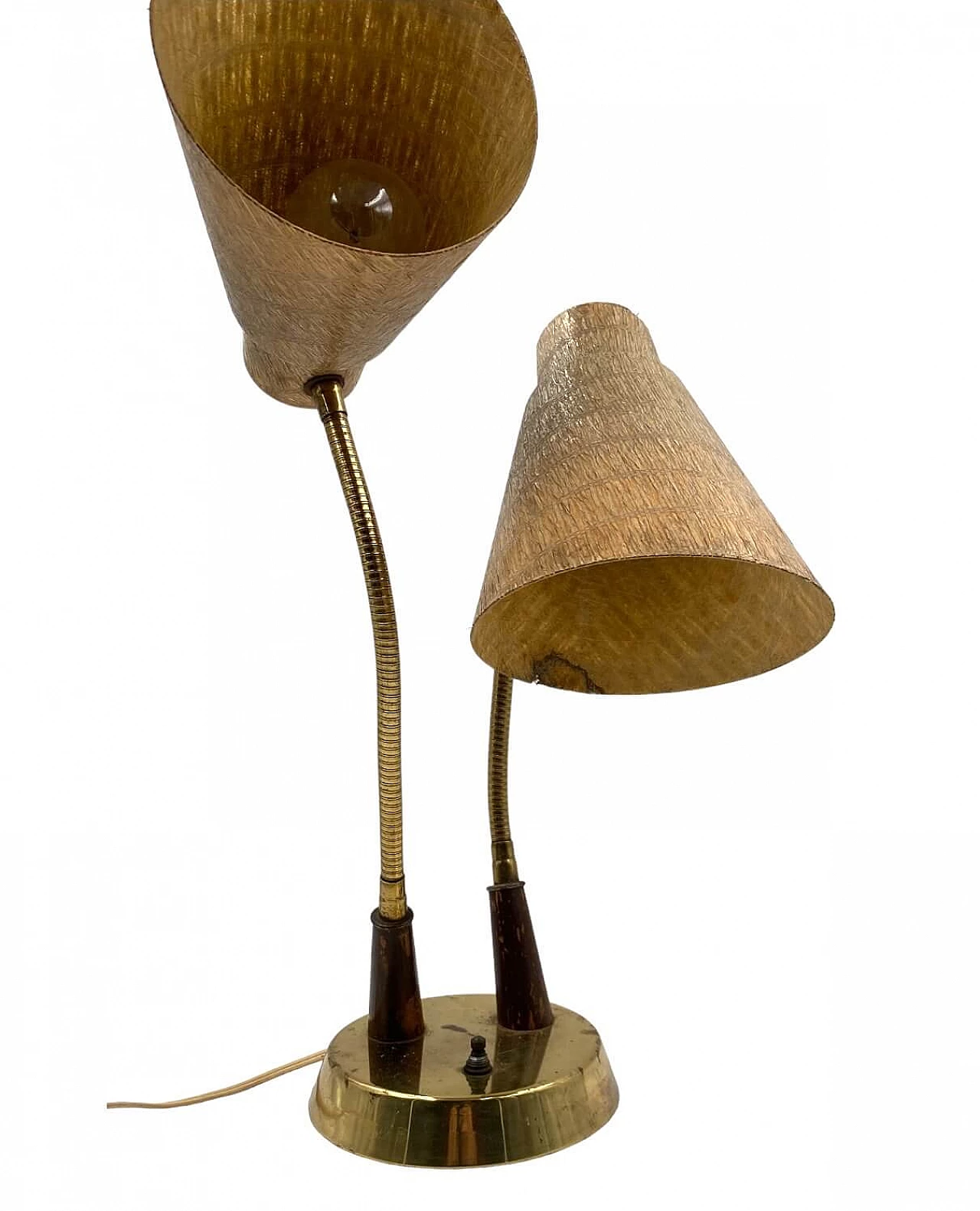 Lampada da tavolo a due luci in ottone, legno e fibra di vetro, anni '60 13