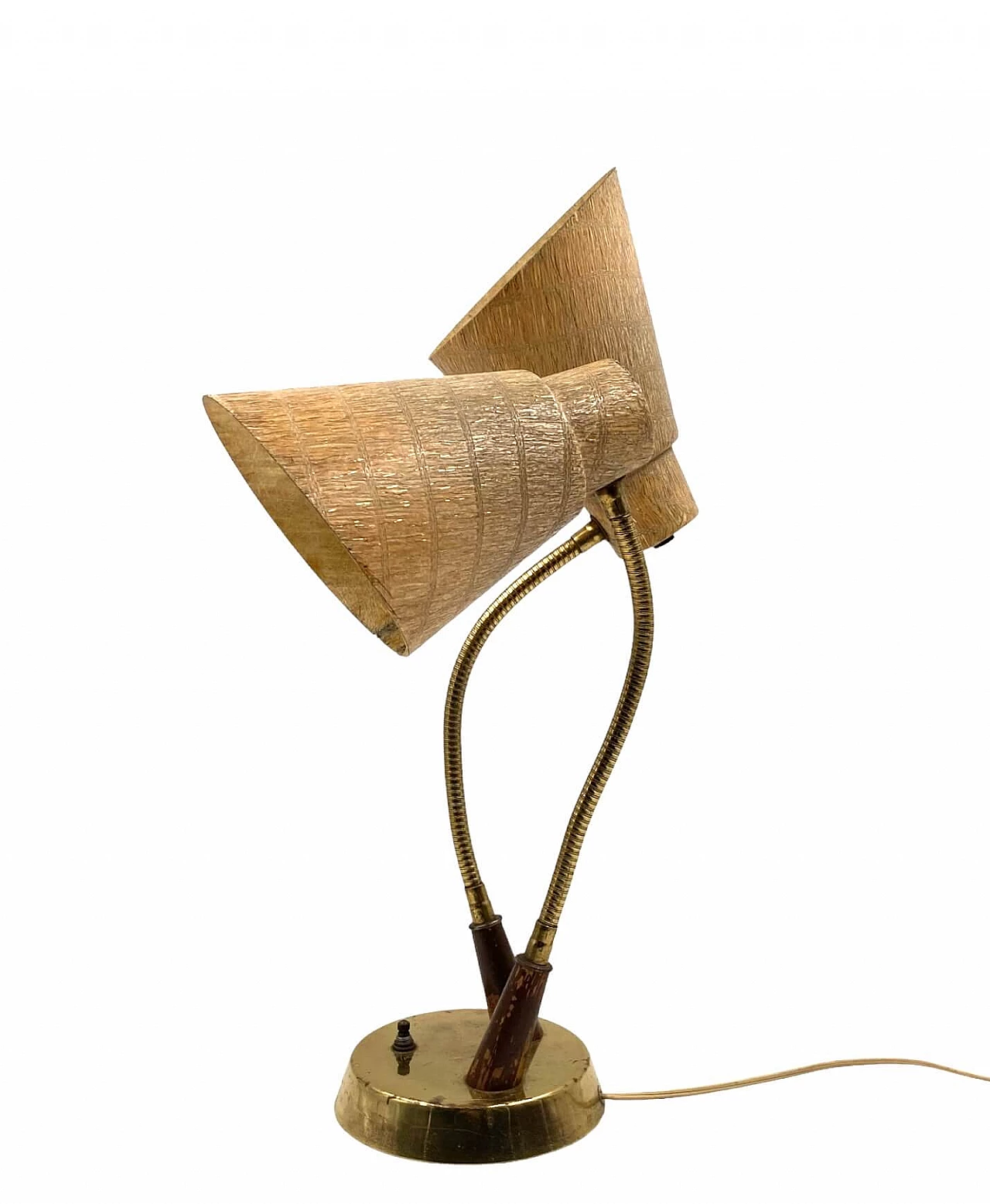 Lampada da tavolo a due luci in ottone, legno e fibra di vetro, anni '60 15