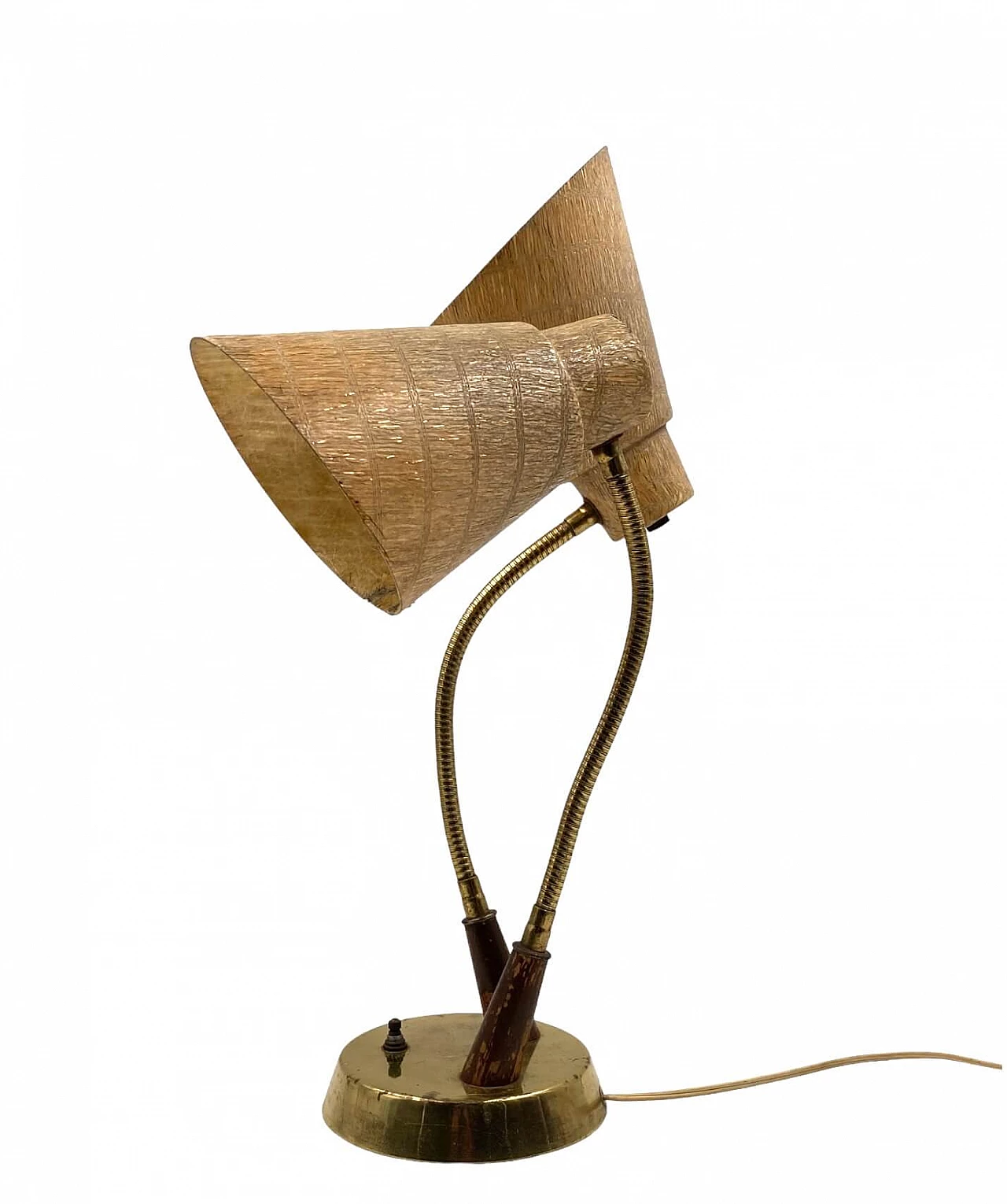 Lampada da tavolo a due luci in ottone, legno e fibra di vetro, anni '60 16