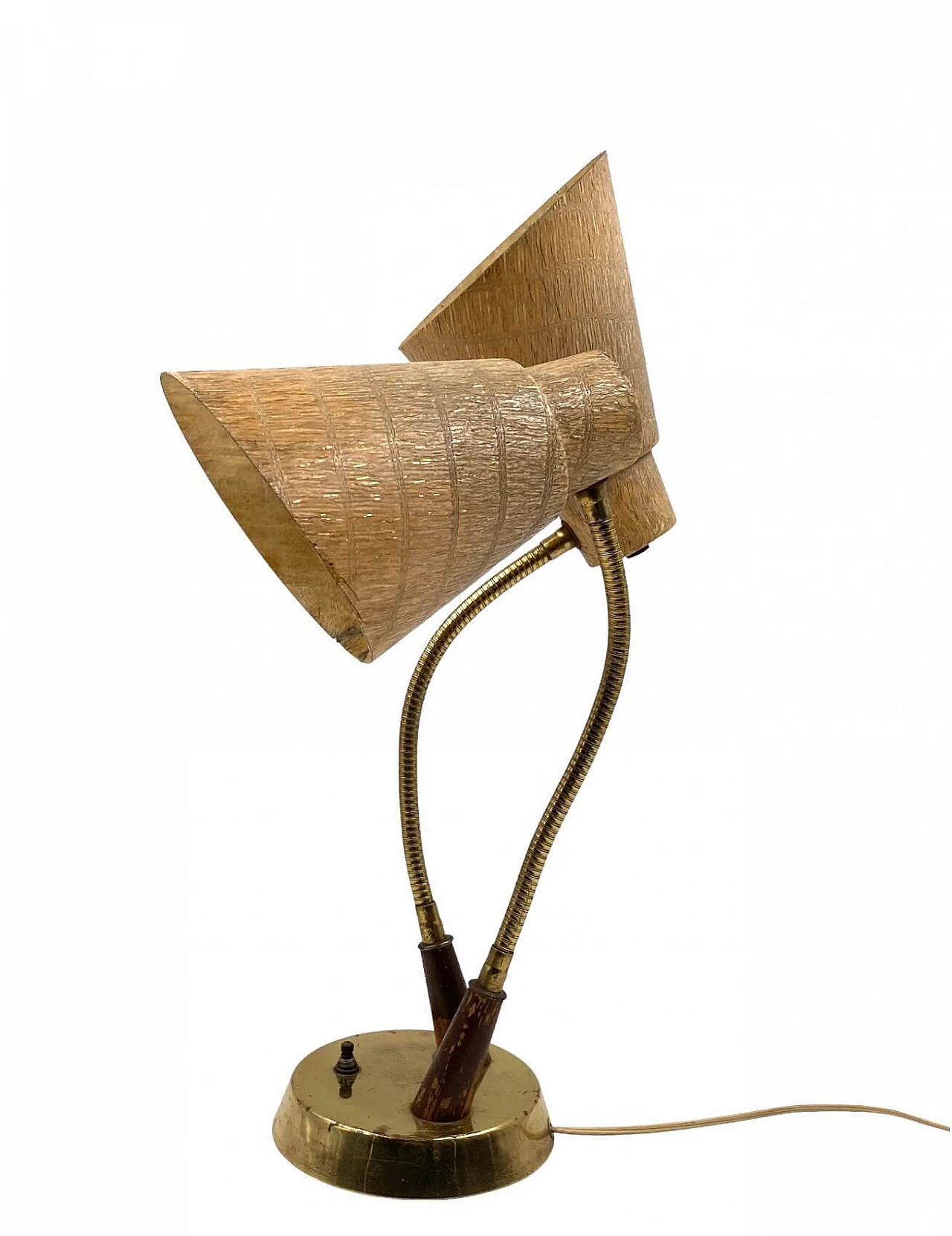 Lampada da tavolo a due luci in ottone, legno e fibra di vetro, anni '60 17