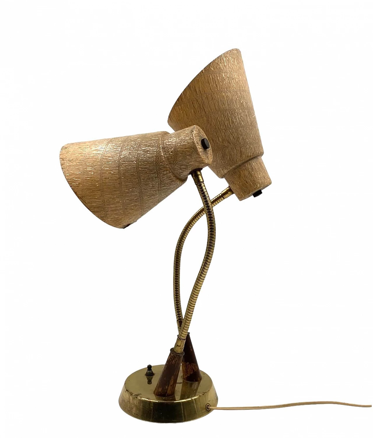 Lampada da tavolo a due luci in ottone, legno e fibra di vetro, anni '60 18