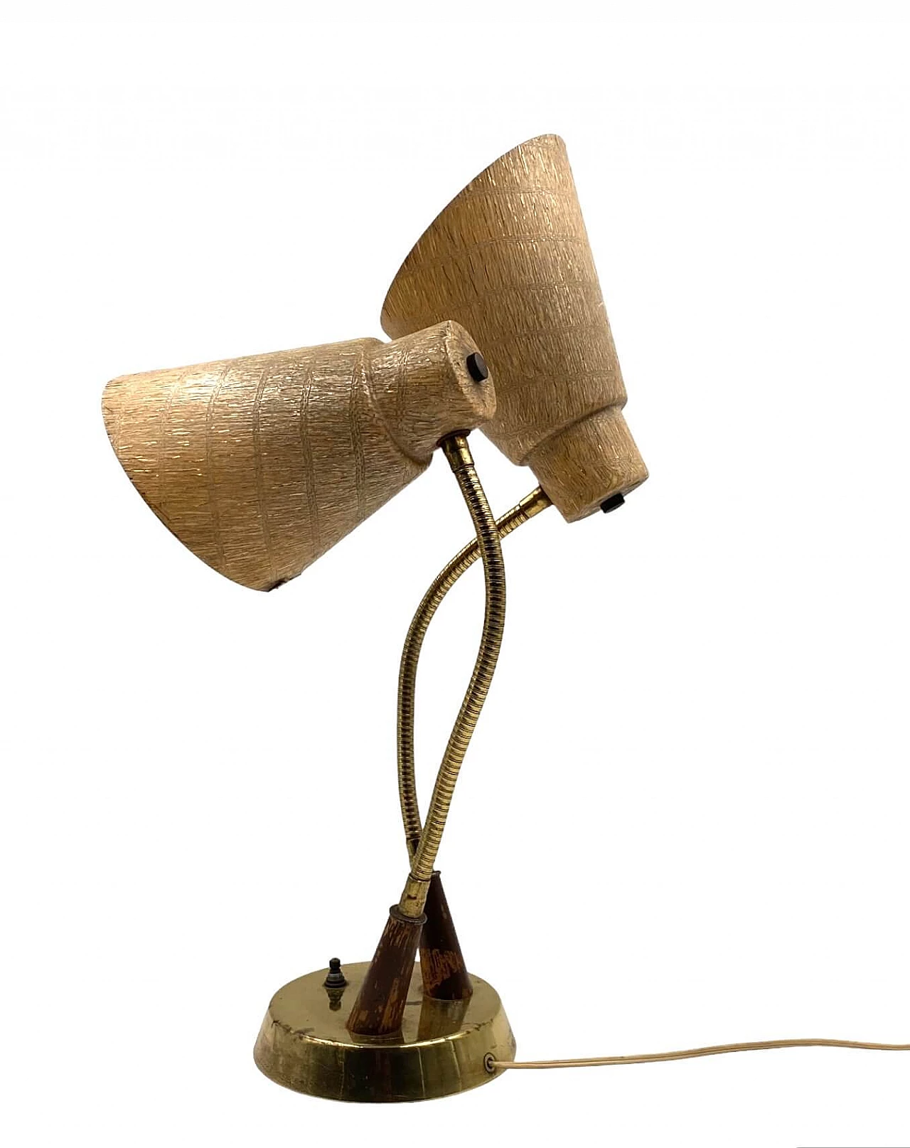 Lampada da tavolo a due luci in ottone, legno e fibra di vetro, anni '60 19