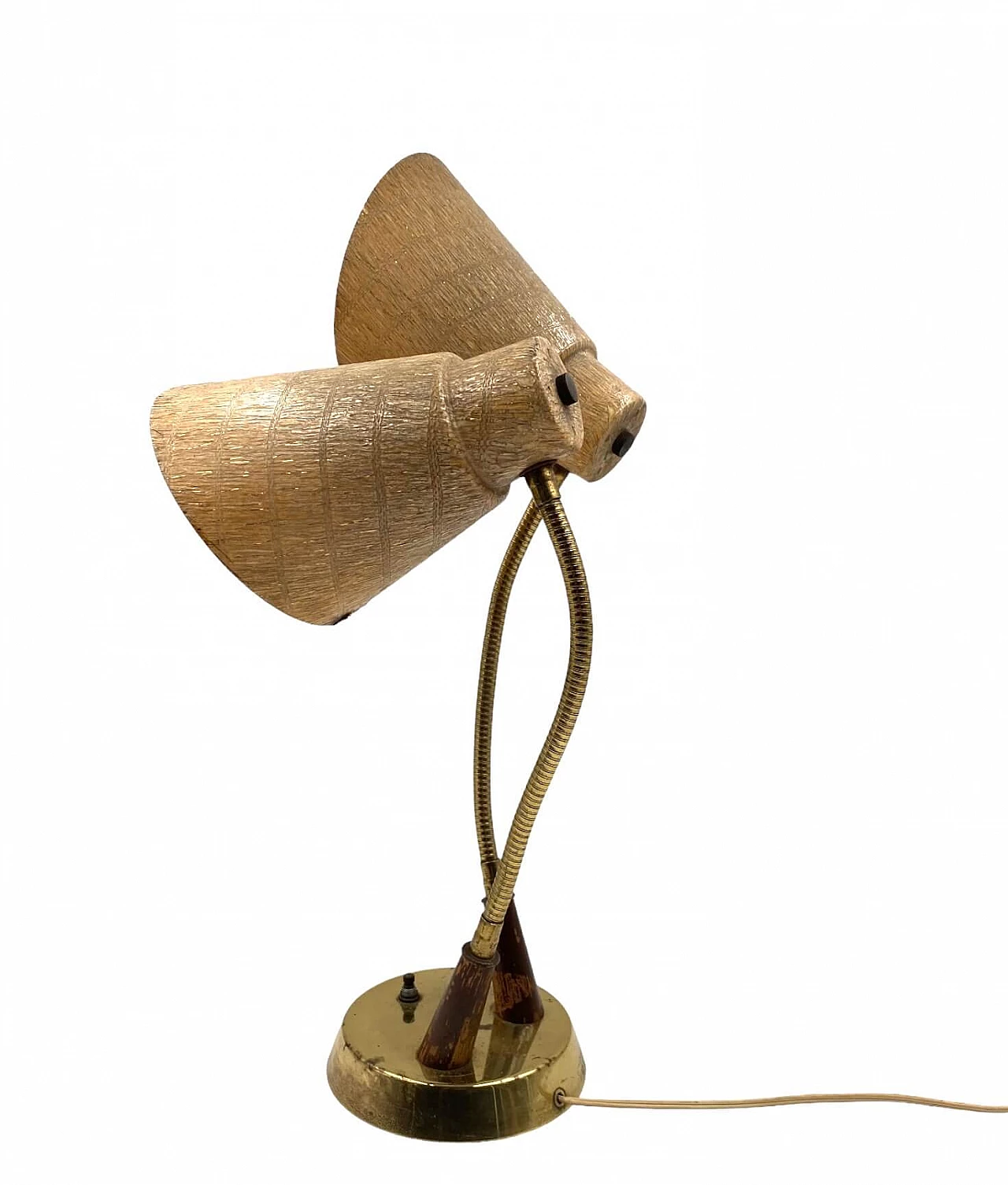 Two-light table lamp made of brass, wood and fibreglass, 1960s 20