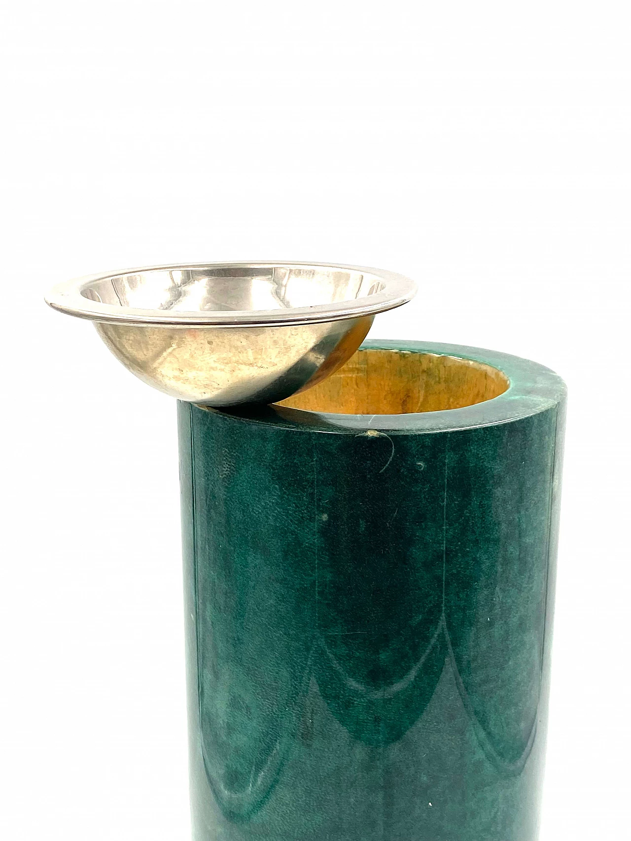 Floor ashtray in green goat parchment by Aldo Tura, 1960s 7