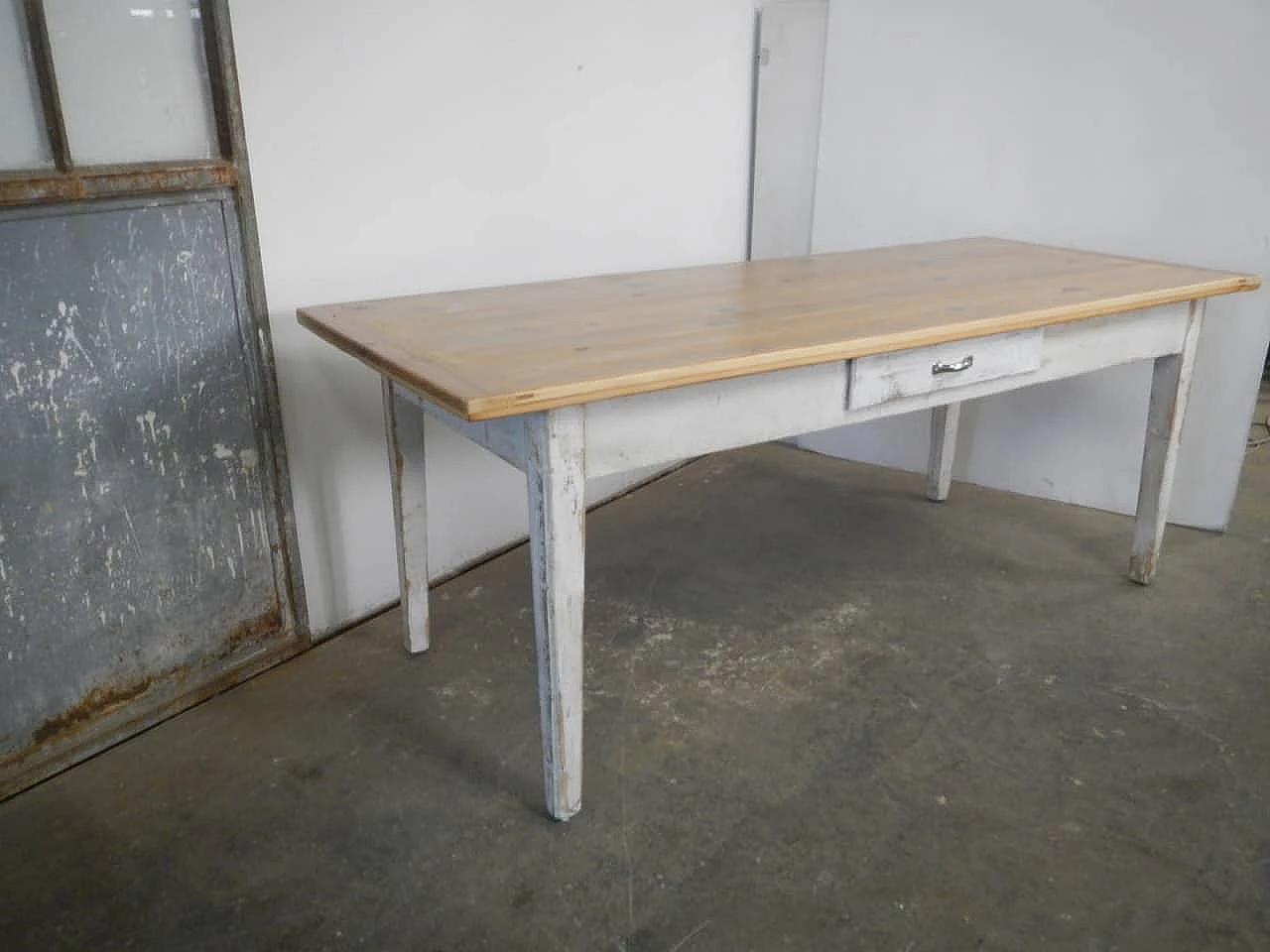 White varnished spruce table with larch top, 1970s 3