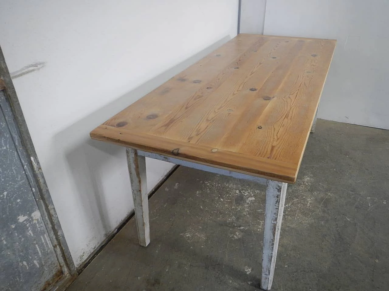 White varnished spruce table with larch top, 1970s 5