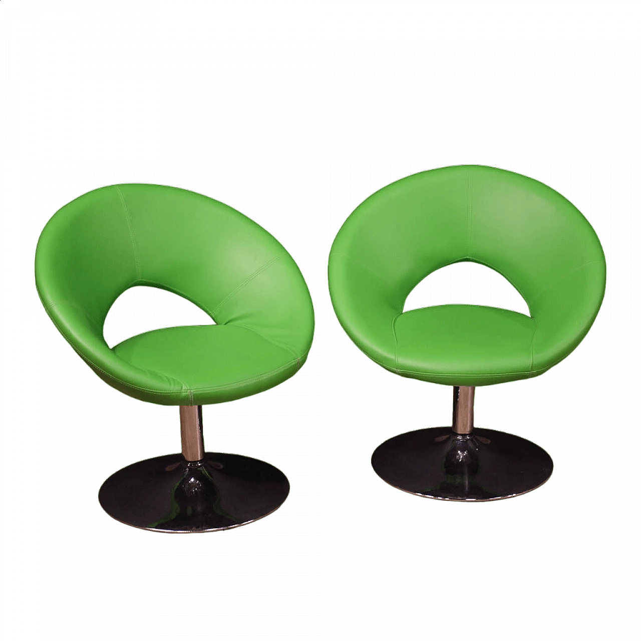Pair of green faux leather armchairs with chrome-plated metal base, 1980s 13