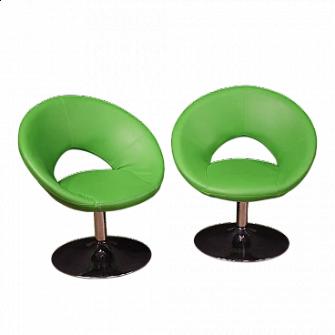 Pair of green faux leather armchairs with chrome-plated metal base, 1980s