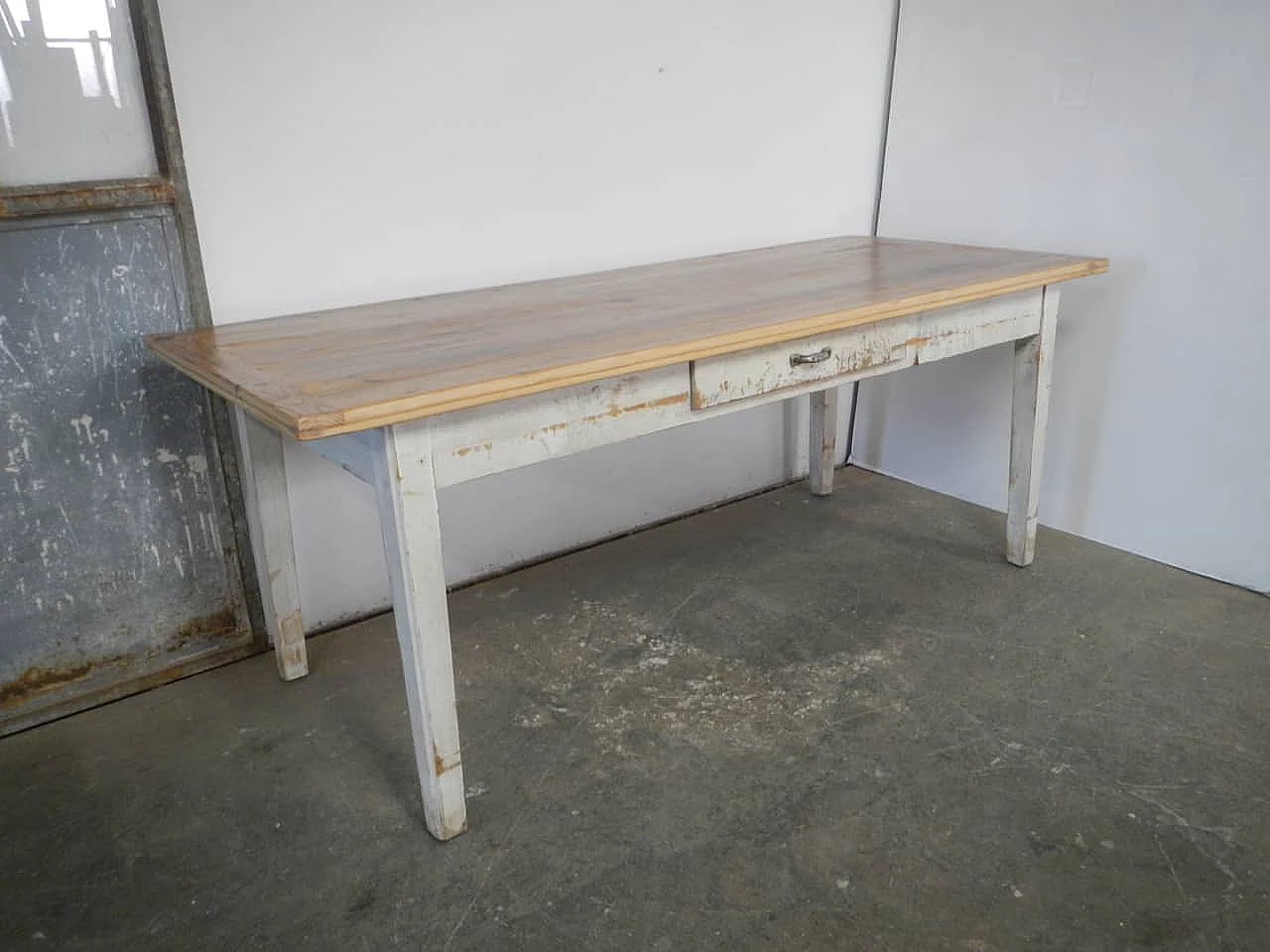 White varnished spruce and larch table with drawer, 1970s 1